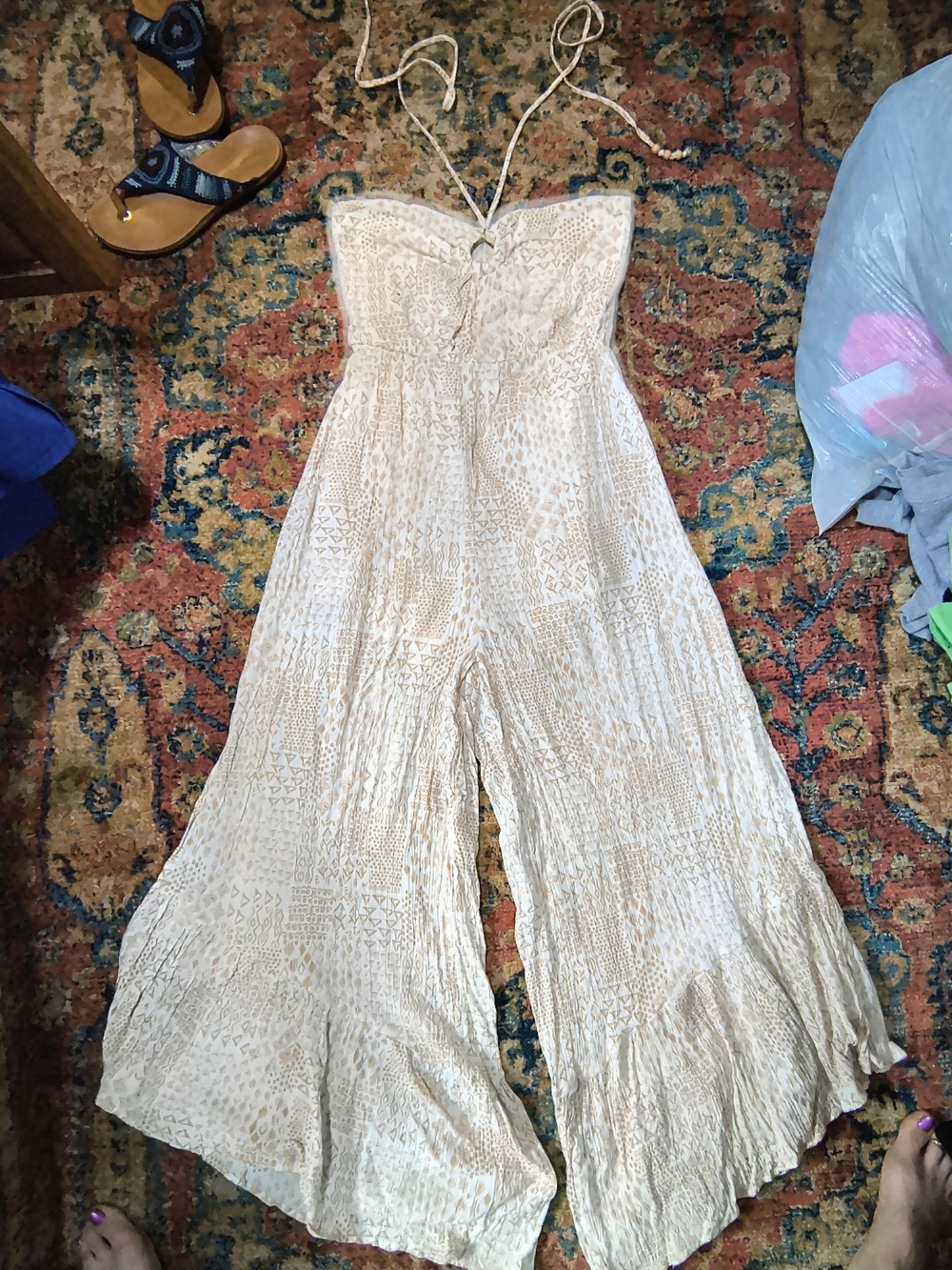 ILLA ILLA Strapless Cream Textured Wide-Leg Jumpsuit